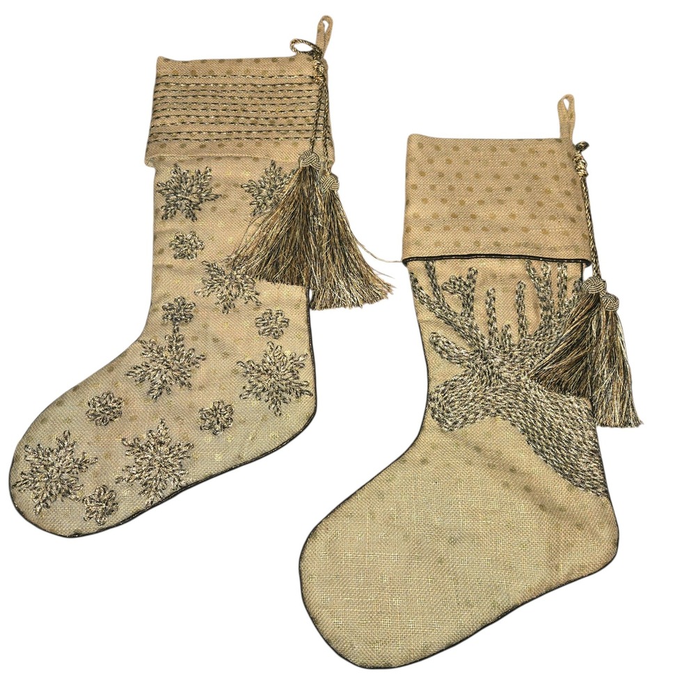 Farrisilk Christmas Stockings 28"X14" Tan Jute Burlap Moose Snowflake Set of 2